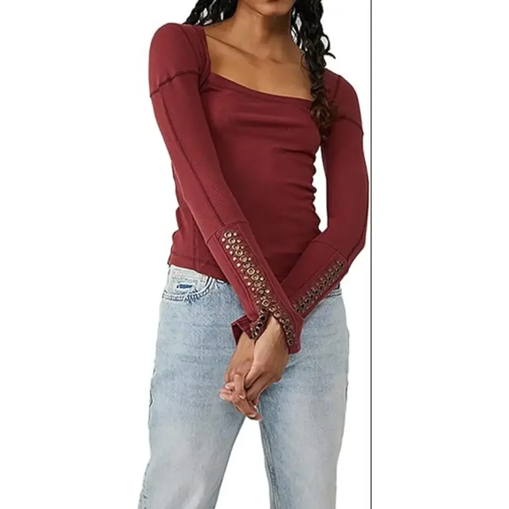 Free People A Litte Unruly Thermal Top L Studded Square Neck Red Boho Grunge